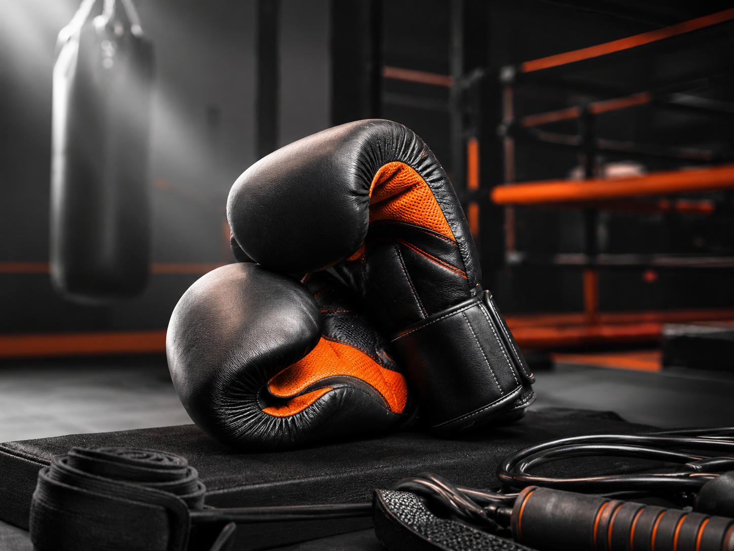 Gants de boxe noirs dans une salle de combat - conseil ATC Sport